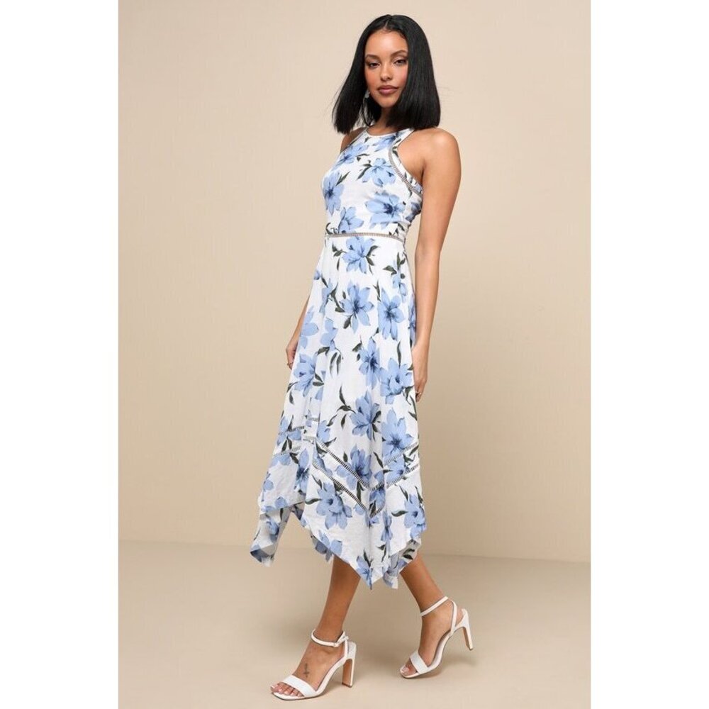 Lulus Zahara Blue And White Floral Print Midi Dress - Size XL
